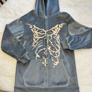 Grey velvet zip up skeleton hoodie